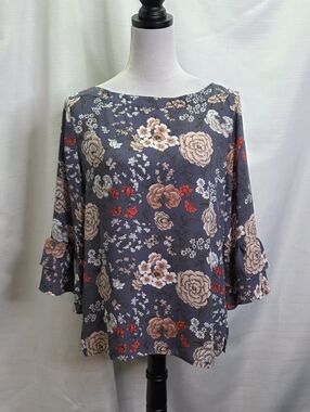 LOFT Outlet Gray Floral Ruffle Sleeve Blouse Size Small